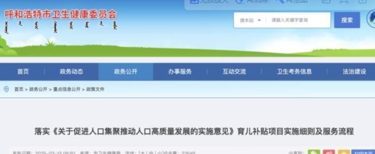 中國內蒙古呼和浩特市發放育兒補貼實施細則