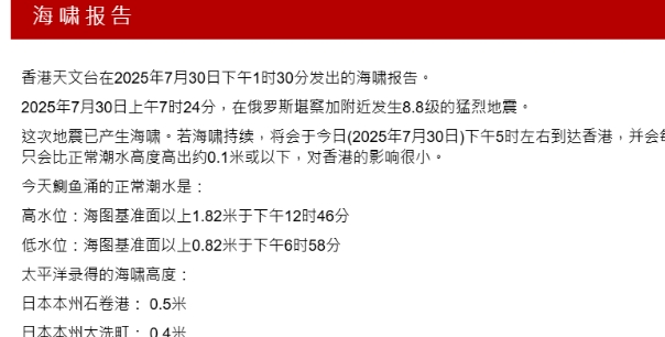 香港天文台發出海嘯報告料影響輕微 海浪較正常高約0.1米